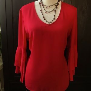 Rose + Olive blouse. Red 3/4 ruffle sleeve. Large